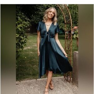 NWT Baltic Born Teal Poppy Satin Short Sleeve Tie-Front Midi Dress